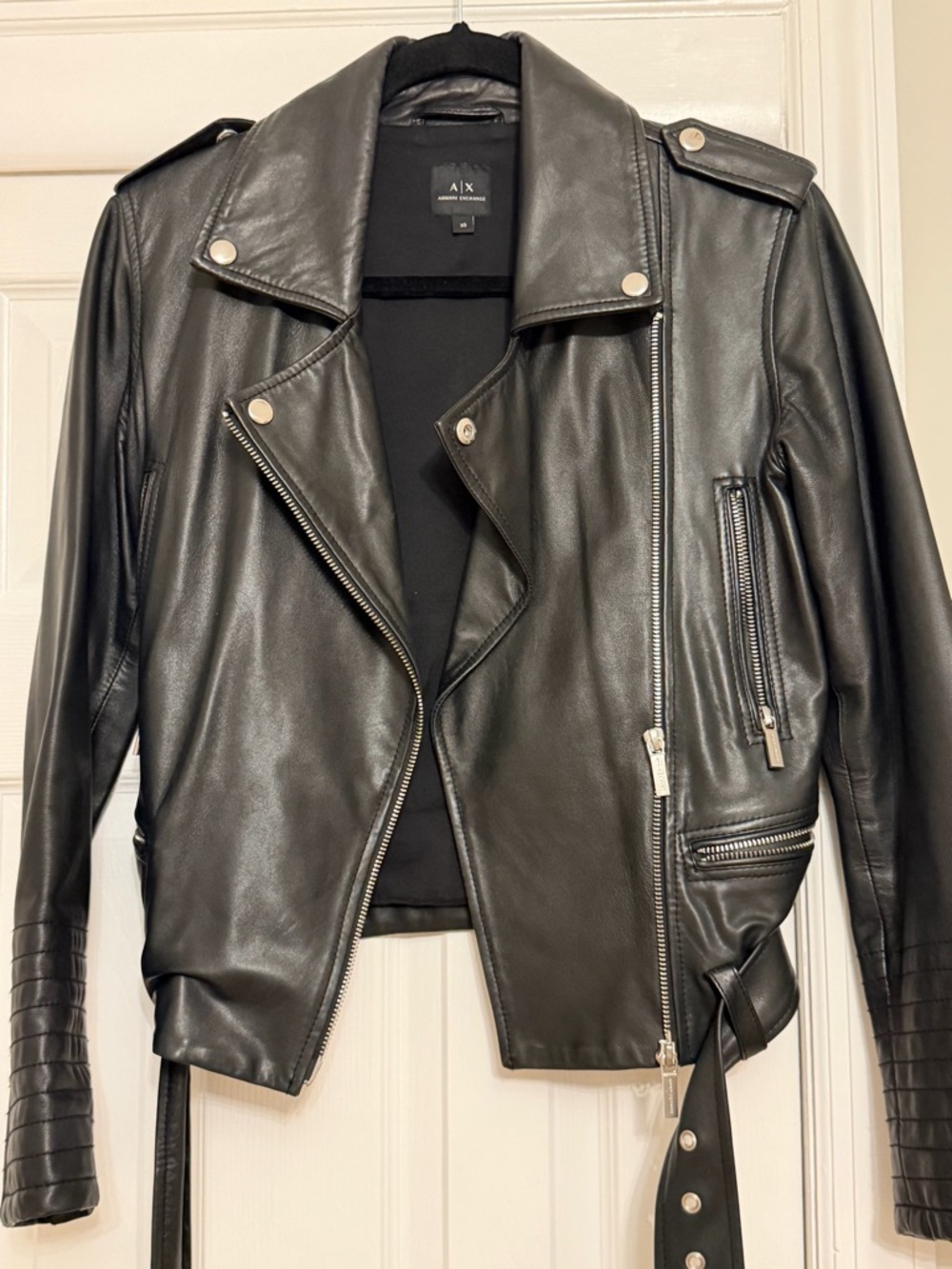 Armani Exchange Black Leather Moto Jacket with Zip Details